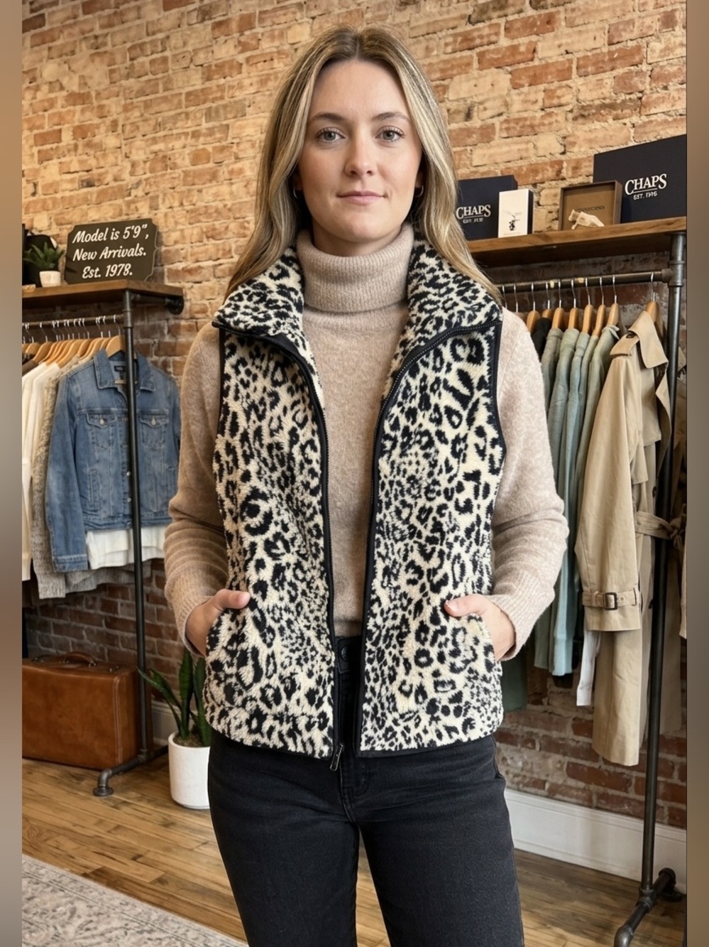 Chaps Fleece Leopard 
Print Full Zip Vest EUC
W/ pockets sz Med